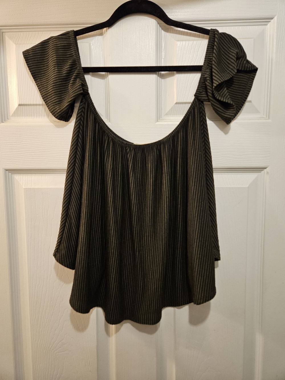 Aran's Den Olive Green Striped Off-Shoulder Top